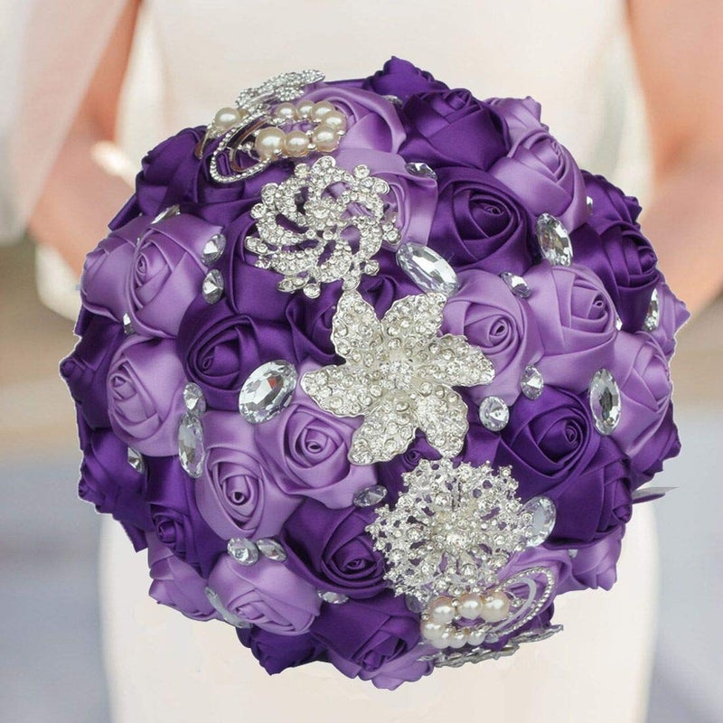 Flonding Wedding Bouquets Crystal Satin Rose Bride Bridal Bouquet Romantic Bridesmaid Holding Flower for Valentine's Day Confession Party Church Decor (Purple Lavender) - Image 2